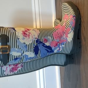 JOULES Tall Wellies Floral Stripe Print Grey Pink Rubber Rain Boots 6